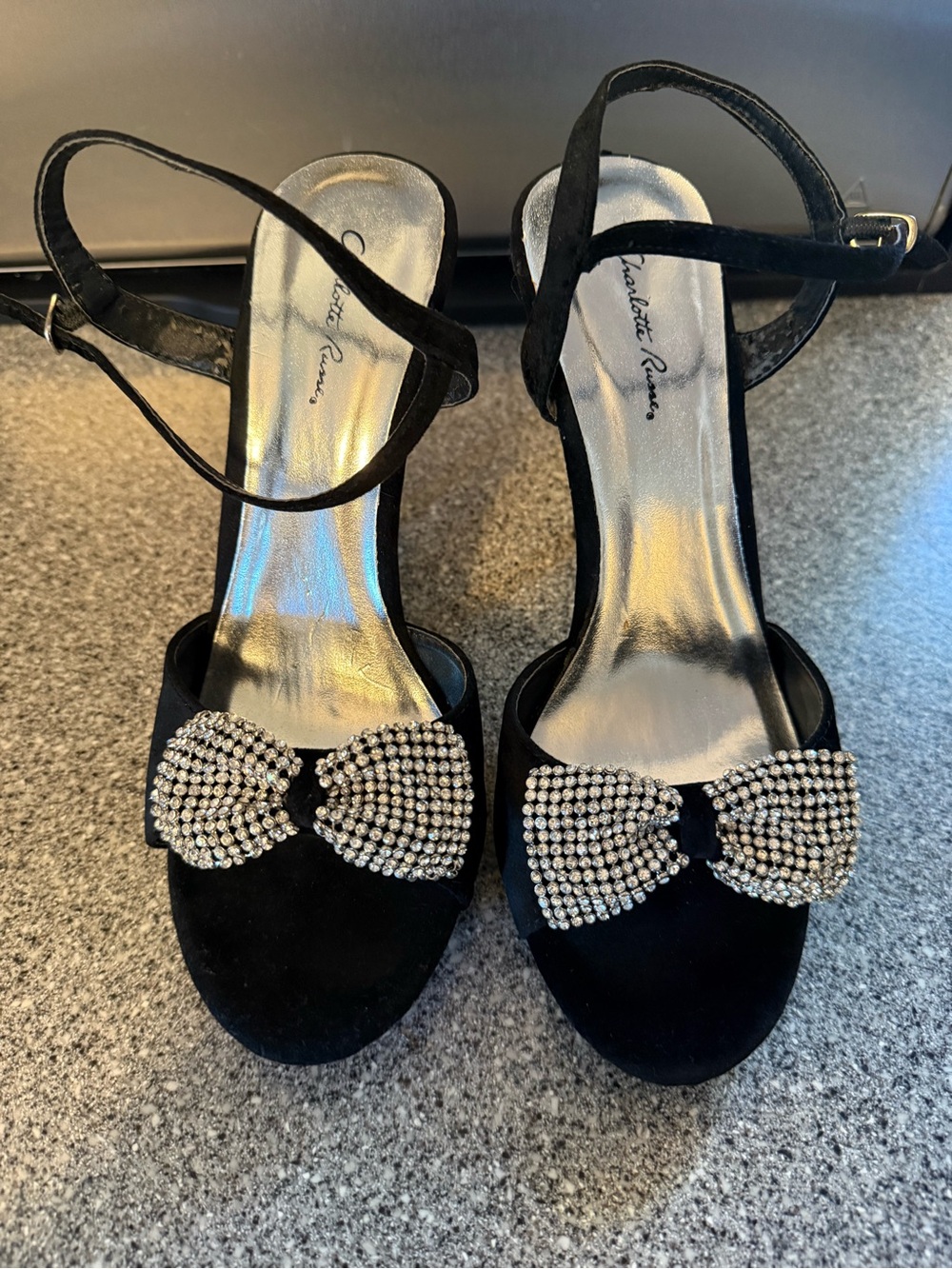 Charlotte Russe Black Suede Heels with Crystal Bow Accent